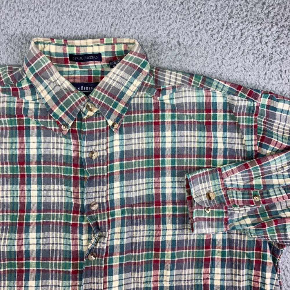 Van Heusen Button Down Shirt Men L Plaid Classic Preppy Classic Outdoor Coastal